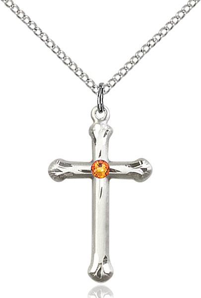 Teardrop Edge Cross Pendant with Birthstone Options - Topaz