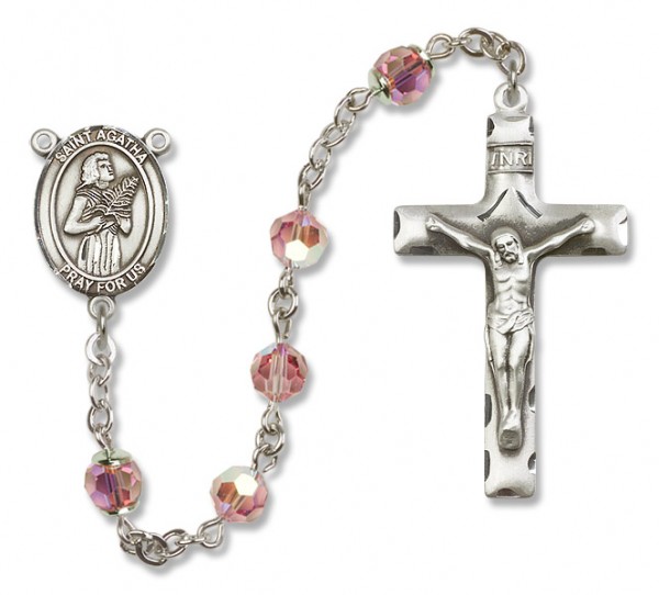 St. Agatha Sterling Silver Heirloom Rosary Squared Crucifix - Light Rose