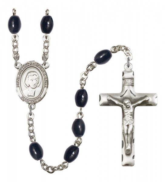 Men's St. John Baptist de la Salle Silver Plated Rosary - Black Oval