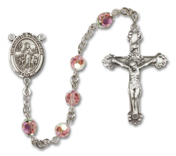 Lord Is My Shepherd Sterling Silver Heirloom Rosary Fancy Crucifix - Light Rose