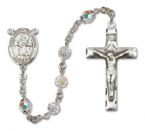 St. Isidore the Farmer Sterling Silver Heirloom Rosary Squared Crucifix - Crystal