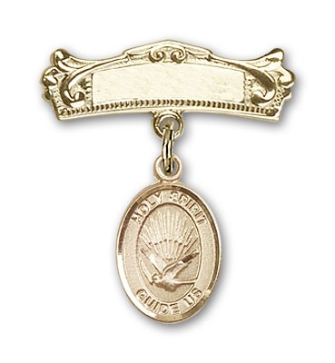 Pin Badge with Holy Spirit Charm and Arched Polished Engravable Badge Pin - Gold Tone