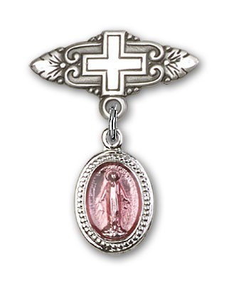 Baby Pin with Pink Miraculous Charm and Badge Pin with Cross - Silver | Pink