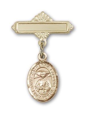 Pin Badge with St. Catherine Laboure Charm and Polished Engravable Badge Pin - Gold Tone