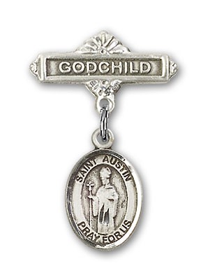 Pin Badge with St. Austin Charm and Godchild Badge Pin - Silver tone