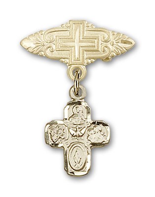 Pin Badge with 4-Way Charm and Badge Pin with Cross - 14K Solid Gold