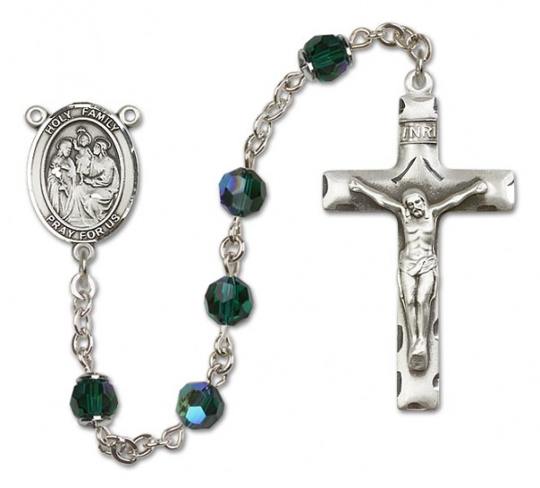 Holy Family Sterling Silver Heirloom Rosary Squared Crucifix - Emerald Green