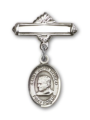 Pin Badge with St. John Bosco Charm and Polished Engravable Badge Pin - Silver tone