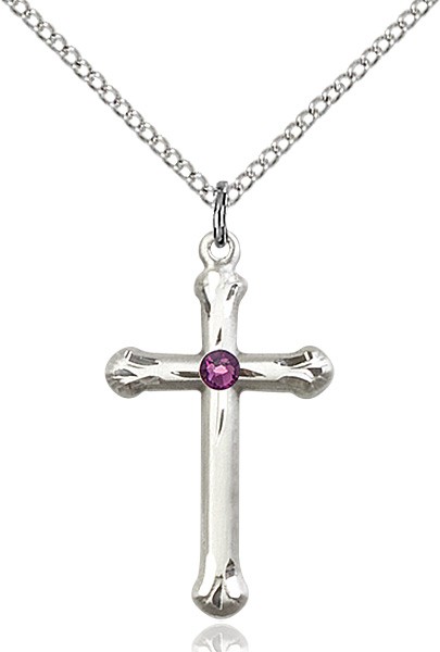 Teardrop Edge Cross Pendant with Birthstone Options - Amethyst