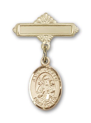 Pin Badge with St. Joseph Charm and Polished Engravable Badge Pin - 14K Solid Gold