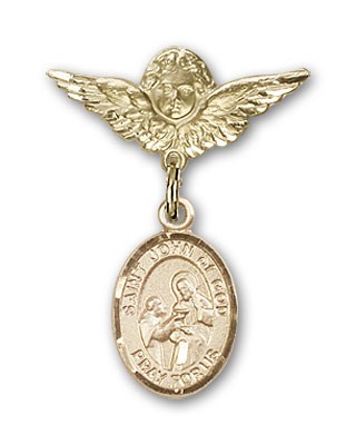 Pin Badge with St. John of God Charm and Angel with Smaller Wings Badge Pin - 14K Solid Gold