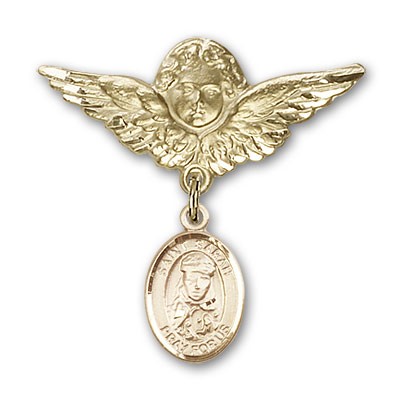 Pin Badge with St. Sarah Charm and Angel with Larger Wings Badge Pin - Gold Tone