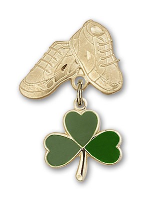 Baby Badge with Shamrock Charm and Baby Boots Pin - Gold Tone