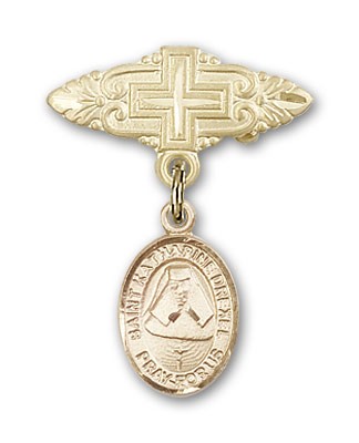 Pin Badge with St. Katherine Drexel Charm and Badge Pin with Cross - 14K Solid Gold