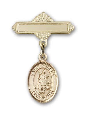 Pin Badge with St. Hubert of Liege Charm and Polished Engravable Badge Pin - 14K Solid Gold