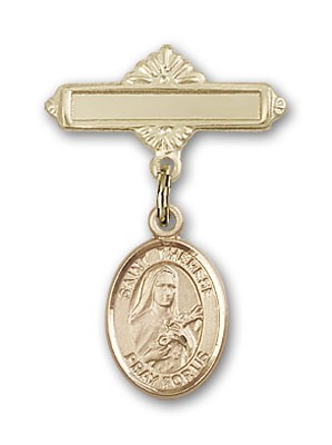 Pin Badge with St. Therese of Lisieux Charm and Polished Engravable Badge Pin - Gold Tone
