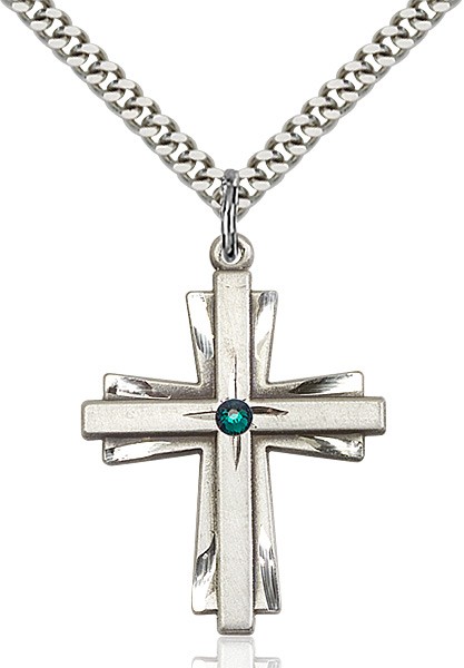 Large Women's Cross on Cross Pendant with Birthstone Options - Emerald Green