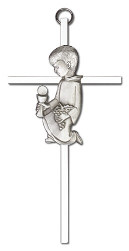 First Communion Boy Cross  6 inch - Silver tone