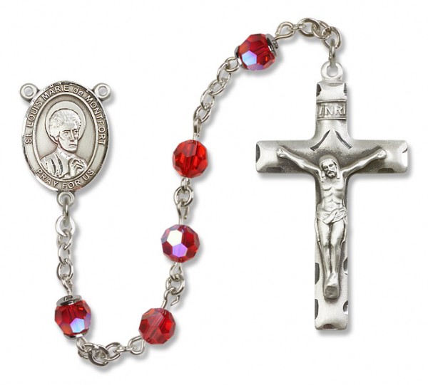 St. Louis Marie de Montfort Sterling Silver Heirloom Rosary Squared Crucifix - Ruby Red