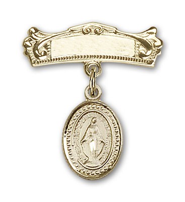 Baby Pin with Miraculous Charm and Arched Polished Engravable Badge Pin - 14K Solid Gold