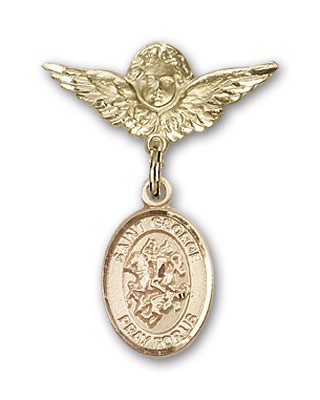 Pin Badge with St. George Charm and Angel with Smaller Wings Badge Pin - 14K Solid Gold