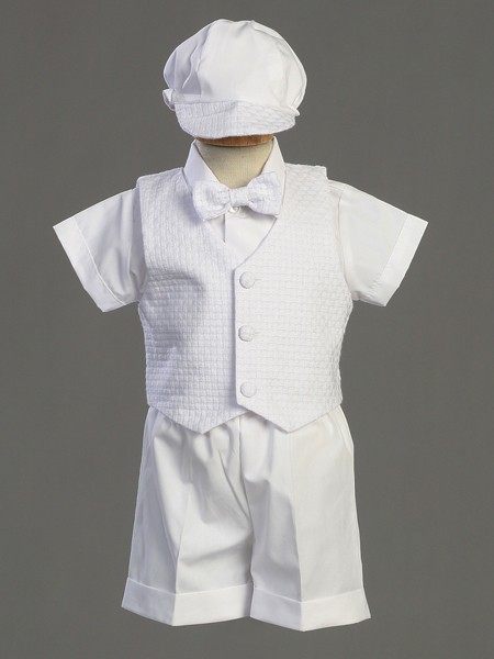 Dexter Polycotton Baptism Short Set with Basketweave Vest  - White