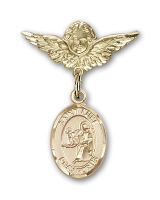 Pin Badge with St. Luke the Apostle Charm and Angel with Smaller Wings Badge Pin - Gold Tone