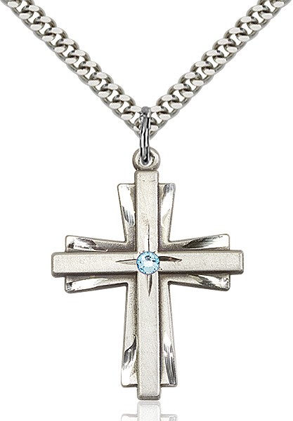 Large Women's Cross on Cross Pendant with Birthstone Options - Aqua