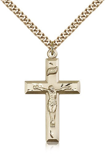 Classic Block Style Crucifix Medal - 14KT Gold Filled