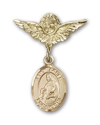 Pin Badge with St. Agnes of Rome Charm and Angel with Smaller Wings Badge Pin - Gold Tone