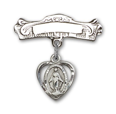 Pin Badge with Miraculous Charm and Arched Polished Engravable Badge Pin - Silver tone
