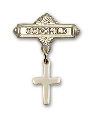 Baby Pin with Cross Charm and Godchild Badge Pin - 14K Solid Gold