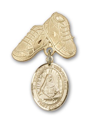 Pin Badge with St. Edburga of Winchester Charm and Baby Boots Pin - 14K Solid Gold