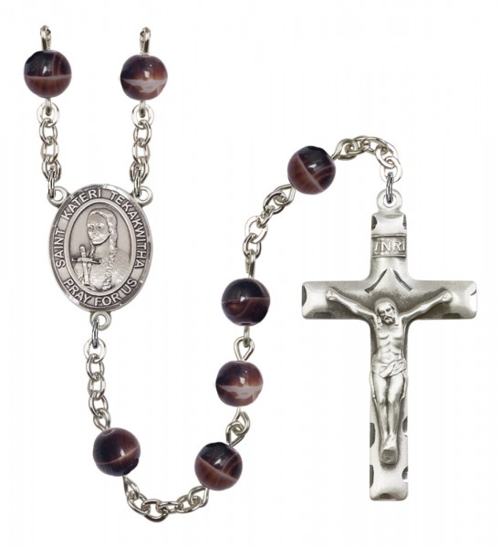 Men's St. Kateri Tekakwitha Silver Plated Rosary - Brown