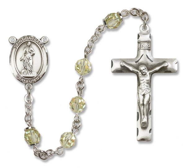 St. Barbara Sterling Silver Heirloom Rosary Squared Crucifix - Zircon