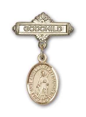 Pin Badge with St. Catherine of Alexandria Charm and Godchild Badge Pin - Gold Tone