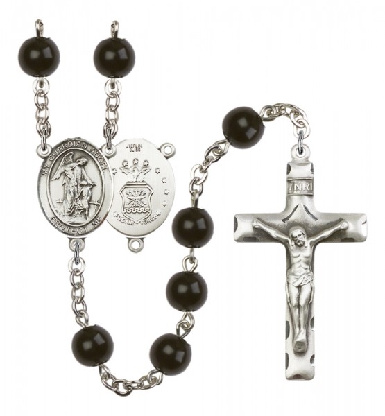 Men's Guardian Angel Air Force Silver Plated Rosary - Black