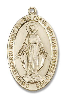 Men's Elongated Oval Miraculous Medal Necklace - 14K Solid Gold