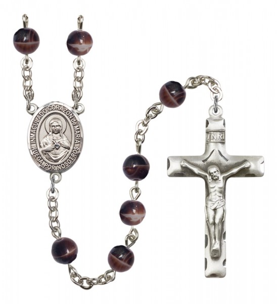 Men's Corazon Inmaculado de Maria Silver Plated Rosary - Brown