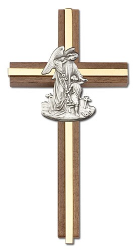 Guardian Angel 6&quot; Wall Cross in Walnut Wood and Metal Inlay - Two-Tone Gold