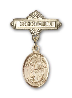 Pin Badge with St. Rene Goupil Charm and Godchild Badge Pin - Gold Tone