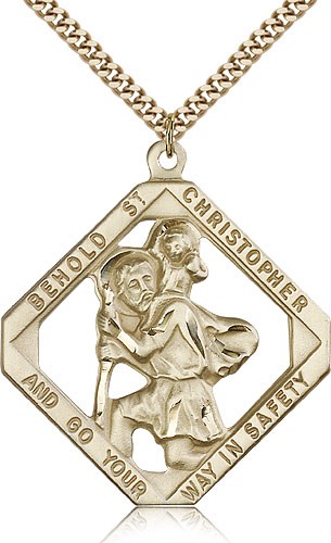 Large St. Christopher Necklace Open-Cut Diamond Shape - 14KT Gold Filled