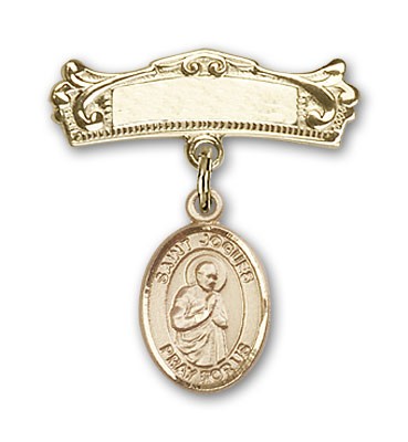 Pin Badge with St. Isaac Jogues Charm and Arched Polished Engravable Badge Pin - 14K Solid Gold