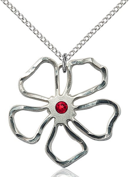 Five Petal Flower Pendant with Birthstone Center - Ruby Red