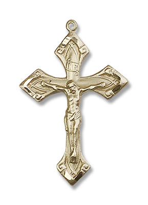 High Polished Point Tip Crucifix Necklace - 14K Solid Gold