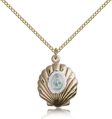 Shell with Blue Miraculous Medal Neclace - 14KT Gold Filled