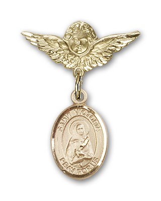 Pin Badge with St. Victoria Charm and Angel with Smaller Wings Badge Pin - 14K Solid Gold