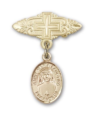 Pin Badge with St. Maria Faustina Charm and Badge Pin with Cross - 14K Solid Gold