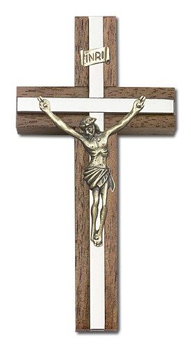 Classic Crucifix Wall Cross in Walnut and Metal Inlay 4&quot; - Two-Tone Silver
