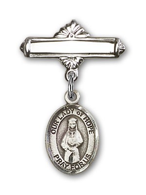 Pin Badge with Our Lady of Hope Charm and Polished Engravable Badge Pin - Silver tone